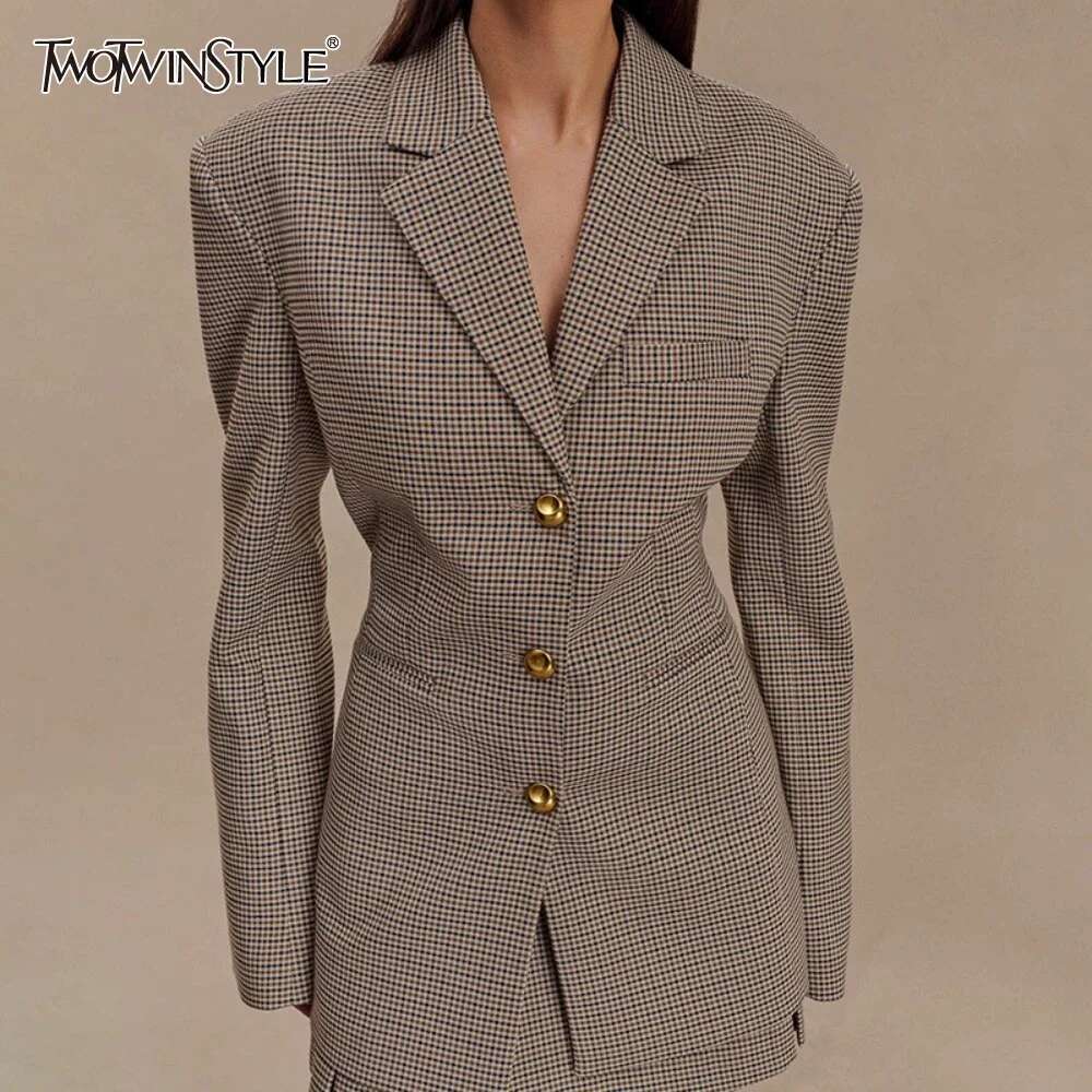 TWOTWINSTYLE Check Slimming Blazers For Women Lapel Long Sleeve Temperament Minimalist Coats Female Fashion Style New