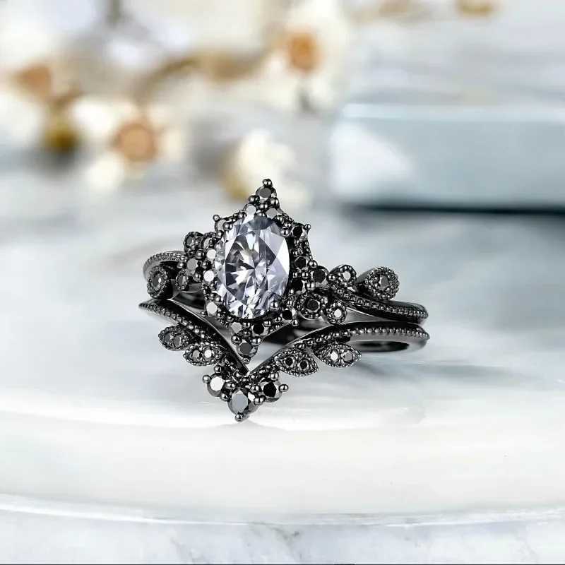 New European and American style personalized fashion black galvanized zircon inlaid womens ringXJ250412