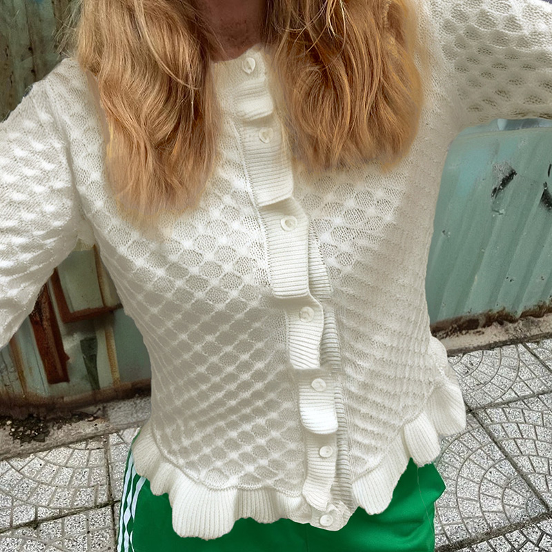 Autumn and winter women's clothing, women's solid color casual street style, slim round neck fashionable cardigan, lace design long sleeve, 