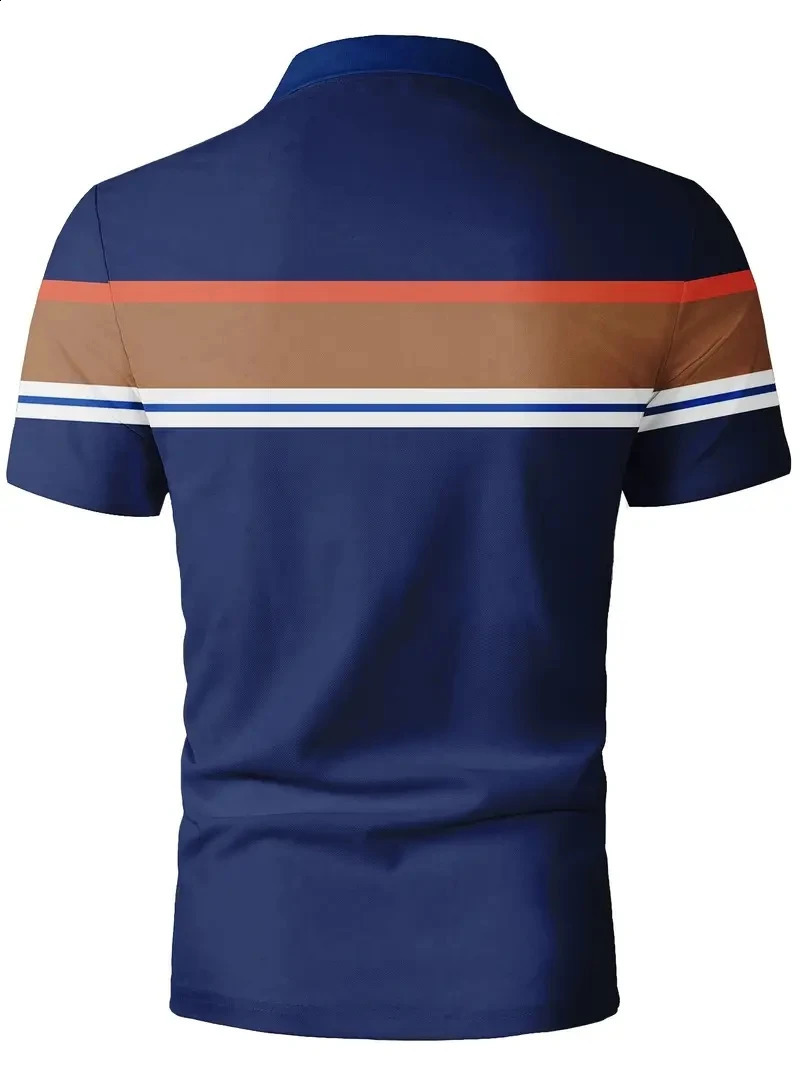 Mens casual striped printed golf shirt - breathable polyester fiber short sleeved buckle details perfect choice for spring and spring 250411