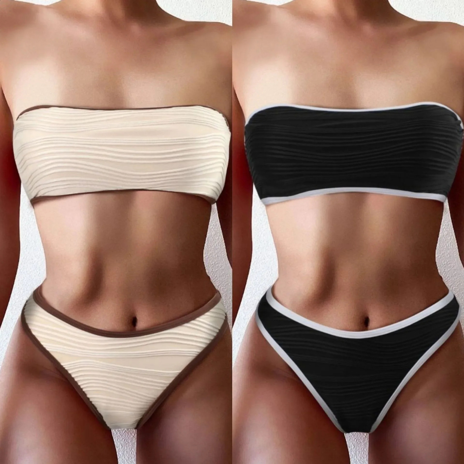 Bandeau Bikini Sexy Women Swimsuit 2025 Light Brown Black Thong Bikinis Set Swimwear Summer Biquini Bathing Suit Beach Wear 250411