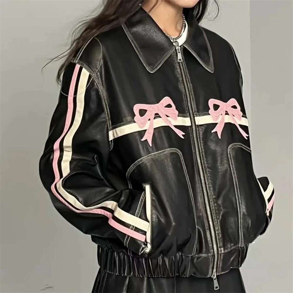 Designer Clothes Women Vintage Lapel Collar Jackets Haruku Bow Zipper Pu Overcoat Female Casual Tops Winter Autumn Streetwear Chic Y2k Clothes