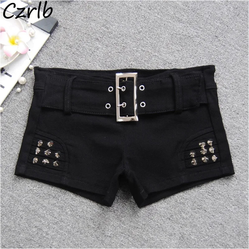 Denim Shorts Women Low-waisted Black Slim Fit Sexy Girls Rivet Belt Unique All-match Nightclub Bodycon Summer Y2k 250409