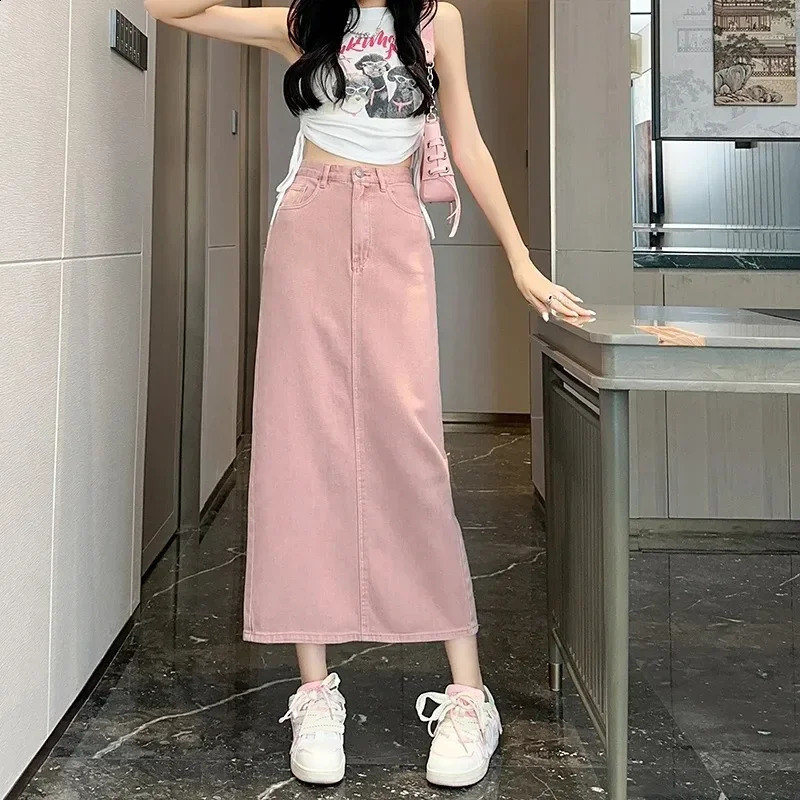 Summer Womens 100% Cotton Denim Shorts Pink High-waisted Slit Retro Elegant Fashionable Casual Denim Long Skirt Female 250407