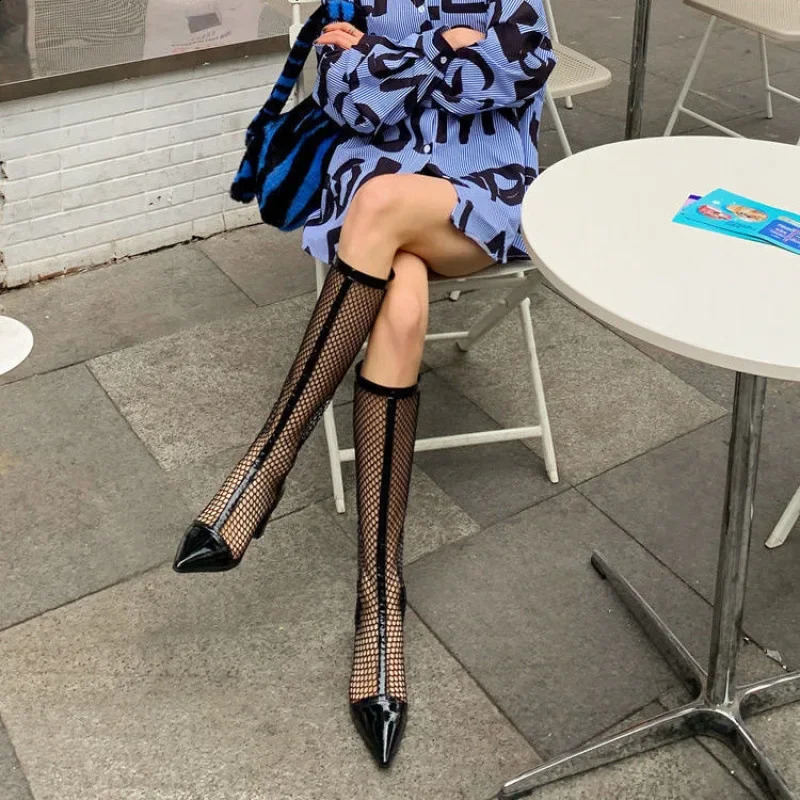 Summer Style Womens Long Boots Pointed Toe Hollow Out Boots Ins Thick Heel High Shaft Slippers Rubber Sole China Made 250411