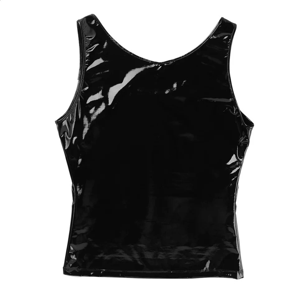 Mens wet appearance PVC patent leather vest round neck sleeveless Tshirt top 250407