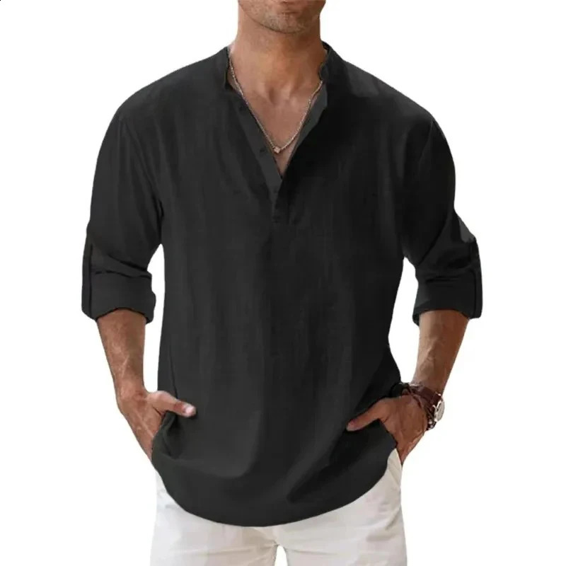 Streetwear Men Lightweight Shirts Long Sleeve Henley Cotton Linen Shirts for Men Beach Hawaiian Shirts Breathable Collar Tshirts 250411