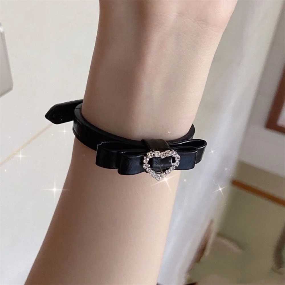 Bowknot Rhinestone Heart Leather Bracelets On Hand for Women Girl Harajuku Lolita Y2k Aesthetic 2023 Trendy Jewelry AccessoriesC250411