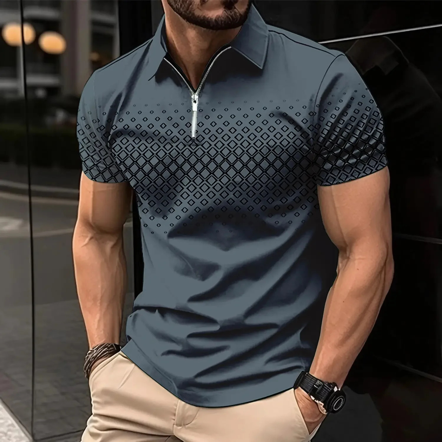 summer mens T-shirt short sleeves lapel letters printed buttons striped polo tee fashionable zipper top 250411