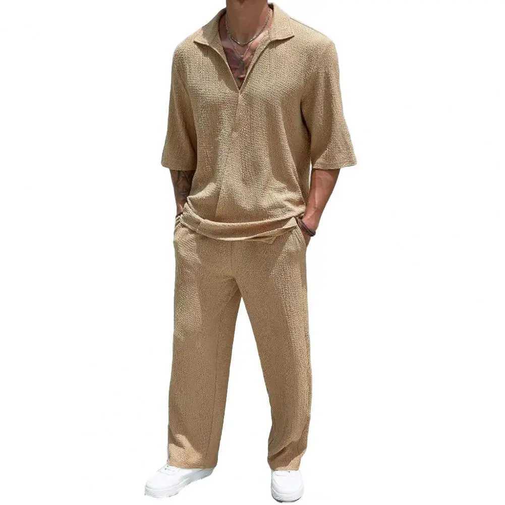 2-piece/set mens casual suit with collar long sleeved top elastic waist long pants set solid color commuting style setXJ250412