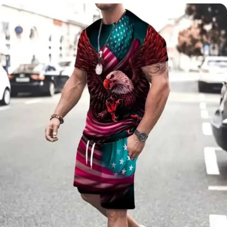 2024 Fashion Mens Printed Retro Eagle Pattern Summer Casual Breathable Sportswear Oversized Mens Y2K StyleXJ250412