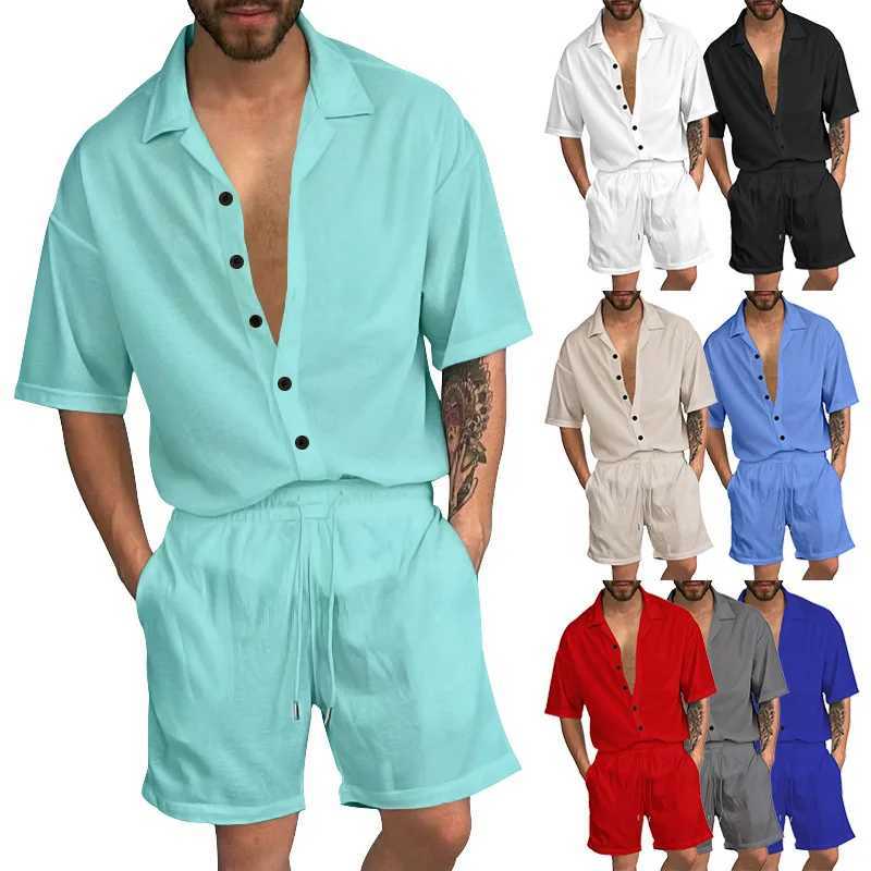 European and American summer set mens casual collar solid color shirt button up cardigan short sleeved set mens styleXJ250412