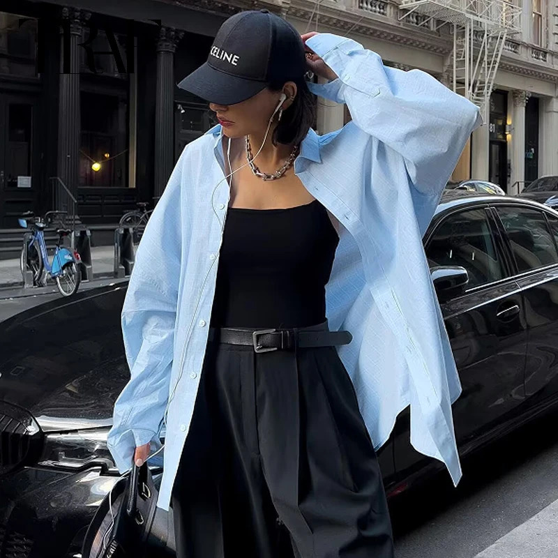 TRAF Womens Blue Shirt Plus Size Long Sleeve Blouse Woman 2025 Shirts Blouses Button Up Oversized Shirt Korean Style Shirts 250411