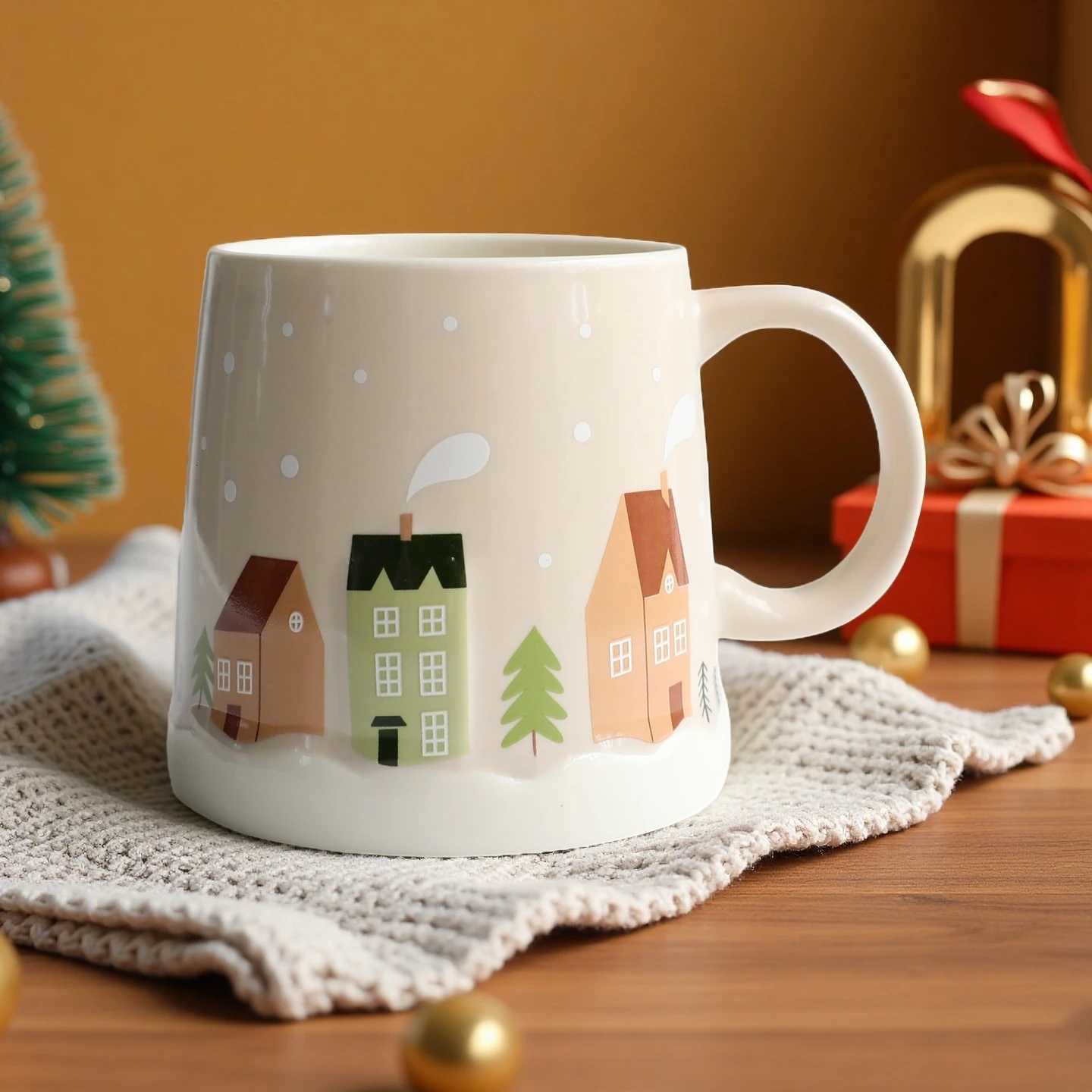 Christmas 350ML/118OZ Christmas Mug - Cute Ceramic Coffee Cup with SaucerBeautifulCreative Gift for HomeOfficeBreakfast Milk/Juice Y251112