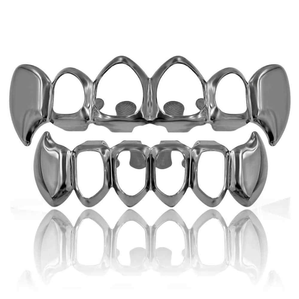 TOPGRILLZ Gold Galvanized Hip Hop Teeth Grill Top and Bottom Grill Hip Hop Sparkling Hollow Vampire Teeth W250412