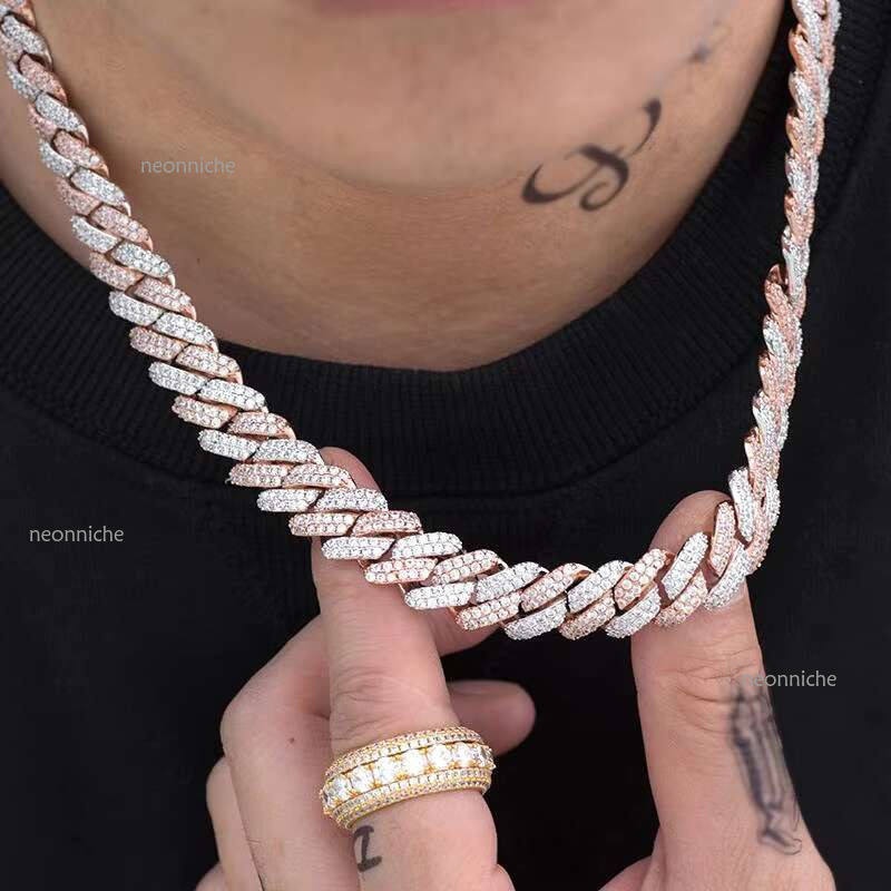 Qianjian New D VVS Moissanite Dia Necklace 10-14 mm Explosion Rose Gold Plated Two Tone Miami Cuban k Chain for Men
