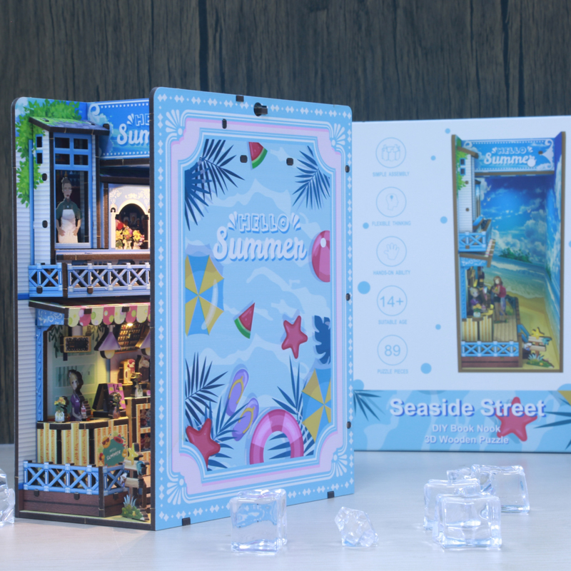 Seaside Street DIY Assembled Bookend, Exquisite Coastal-Themed Wooden Craft with LED Light Effect, Creative Bookshelf Insert Decor-L0321P