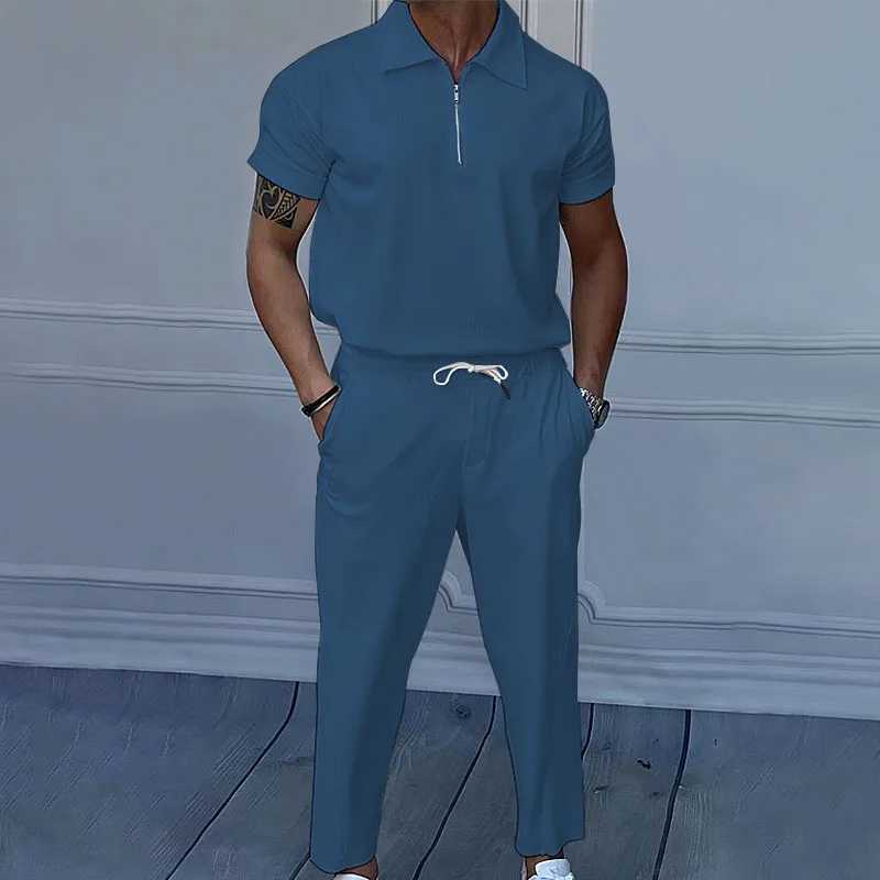 Summer mens collar short sleeved POLOSHIRT and Trouser set European and American loose casual two-piece setXJ250412