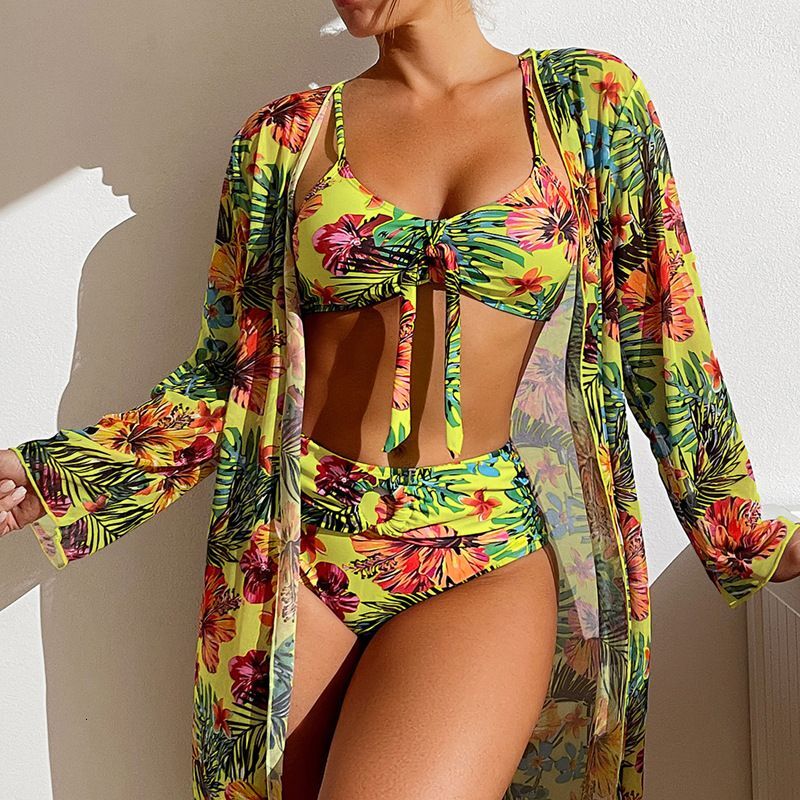 Clothing Swimming River Long Sleeved Cover Up Split Three Piece Set Printed Sexy Swimsuit Women's New Bikini