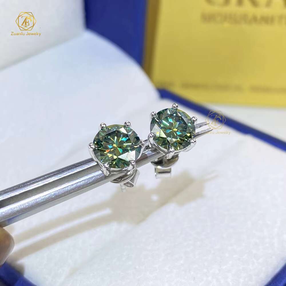 Men Wholesale 6 Prong 925 Silver Certified Round Solitaire 1CT 6.5MM GRA VVS Black Synthetic Moissanite Diamond Earrings