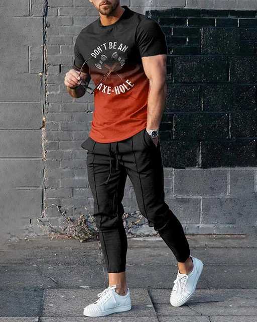 Fashion casual striped 3D printed mens sportswear set short sleeved T-shirt pants 2-piece set oversized floral mens clothingXJ250412
