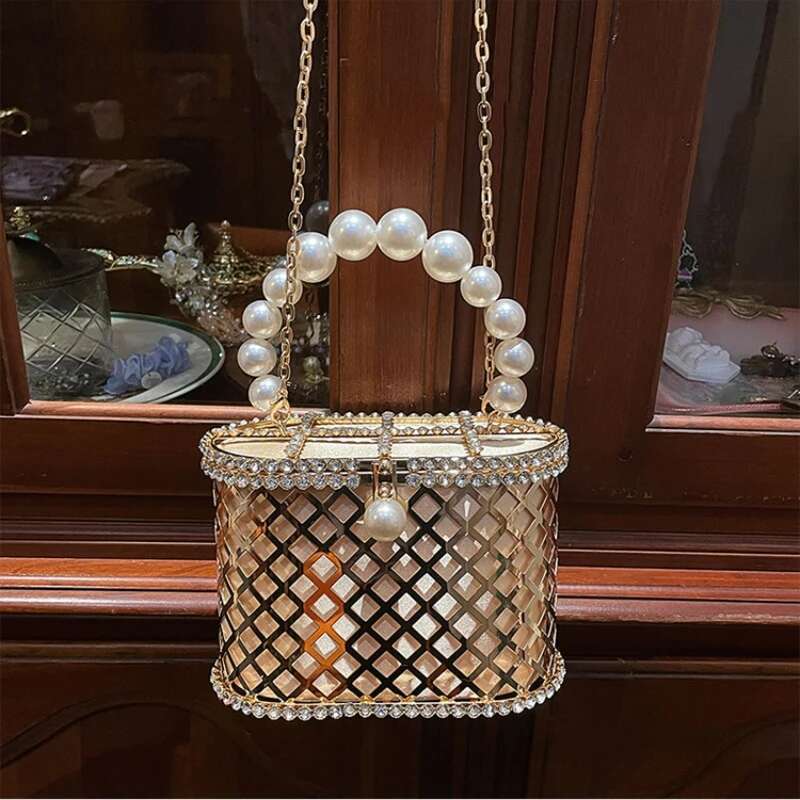 Rhie Chain Crossbody Bucket Metal Flap Pocket Hollow Out Bird Cage Female Banquet Wedding Clutch Basket Bag