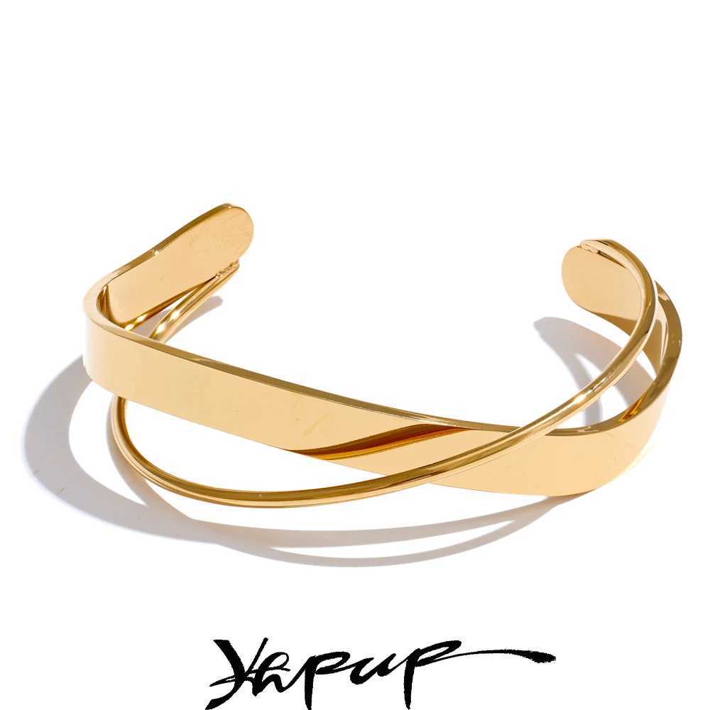 Yhpup Gold Silver Color Stainless Steel Smooth Metal Geometric Cuff Open Bracelet Bangle Waterproof Trendy High Quality JewelryC250411