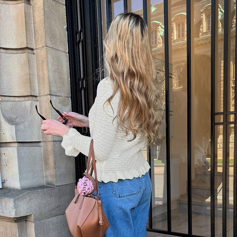 Autumn and winter women's clothing, women's solid color casual street style, slim round neck fashionable cardigan, lace design long sleeve, 