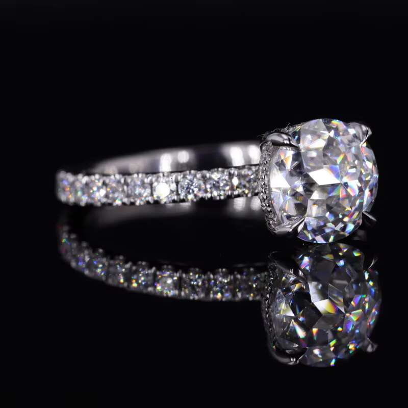 Starsgem Moissanite Ring Round Jubliee Cut 14k White Gold Pave Band Ring for Engagement