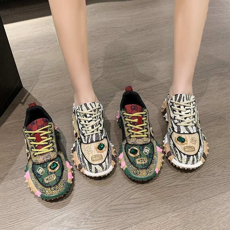 Designer shoes Letter with Rhinestones Fashion Sneakers Durian Platform Sole Mesh Single Shoes for Women