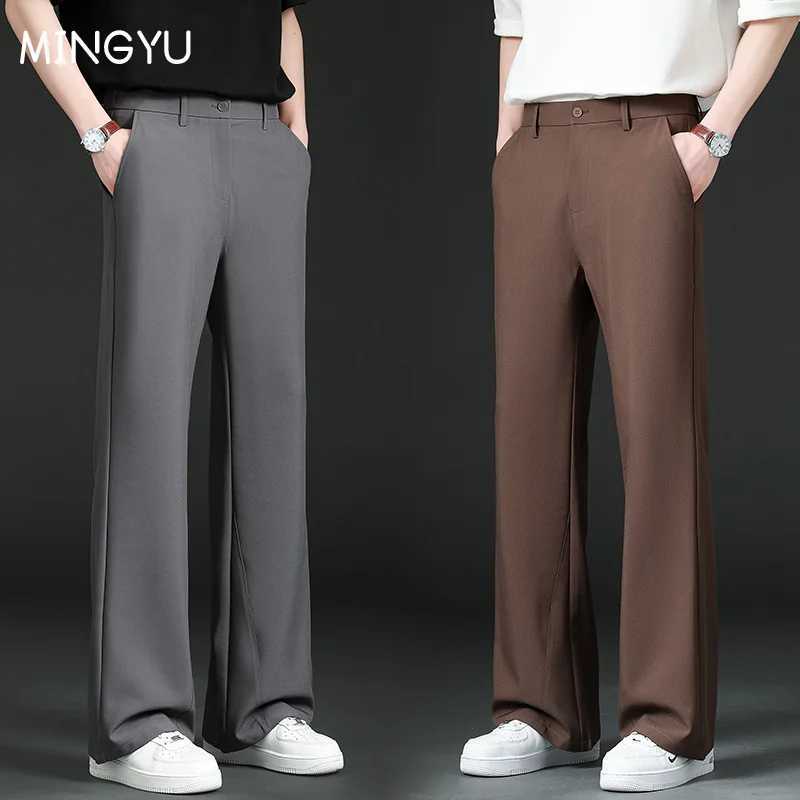 Brand Clothing Summer Smooth Flare Pants Men Business Elastic Waist Suit Flared Trousers Male Korean Work Office Plus Size S-4XL W250411