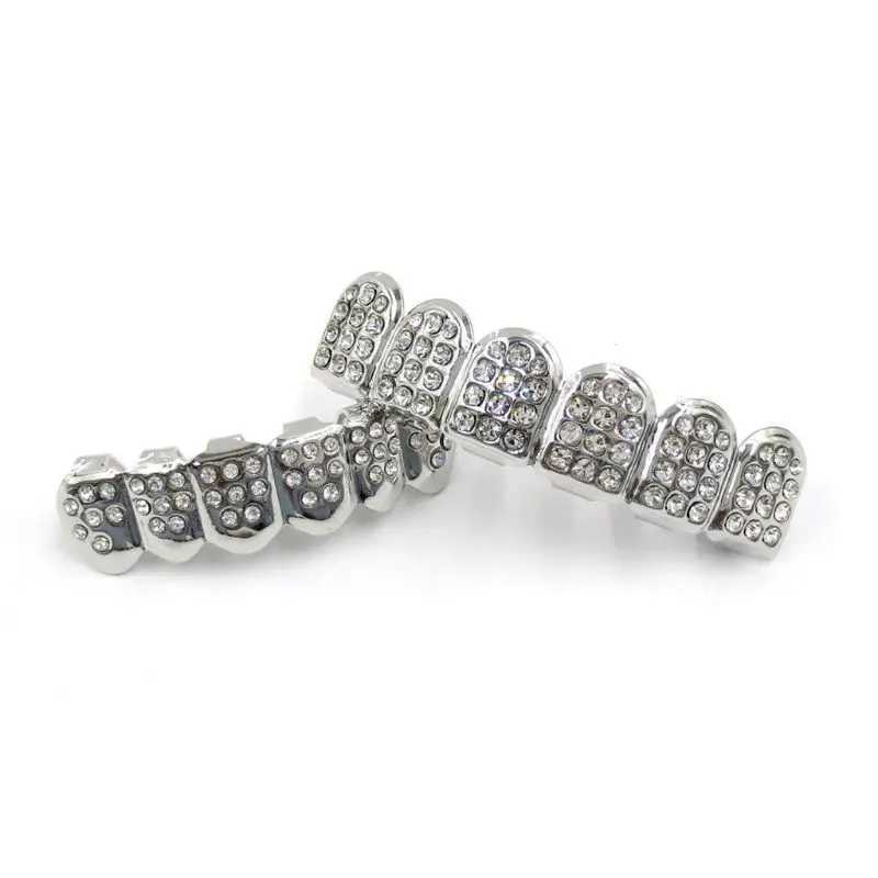 New Fshion Hip Hop Gold Silver Ice Out CZ Teeth Grillz Top Bottom Mens Jewelry Party Gift W250412