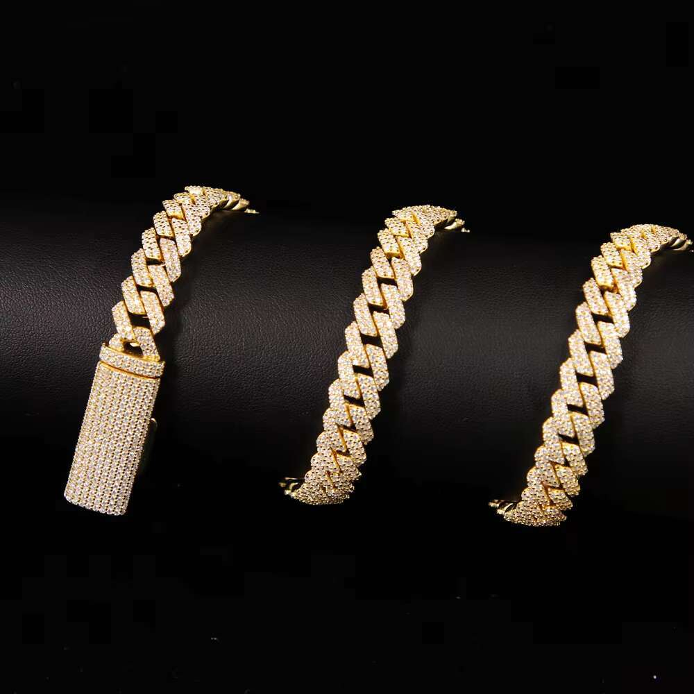 Gold Plated 10mm 12mm Diamond Cuban Link Men Bracelet S925 Gold Plated Miami Cuban Iced Out Cuban Bracelet for Hip Hop Life