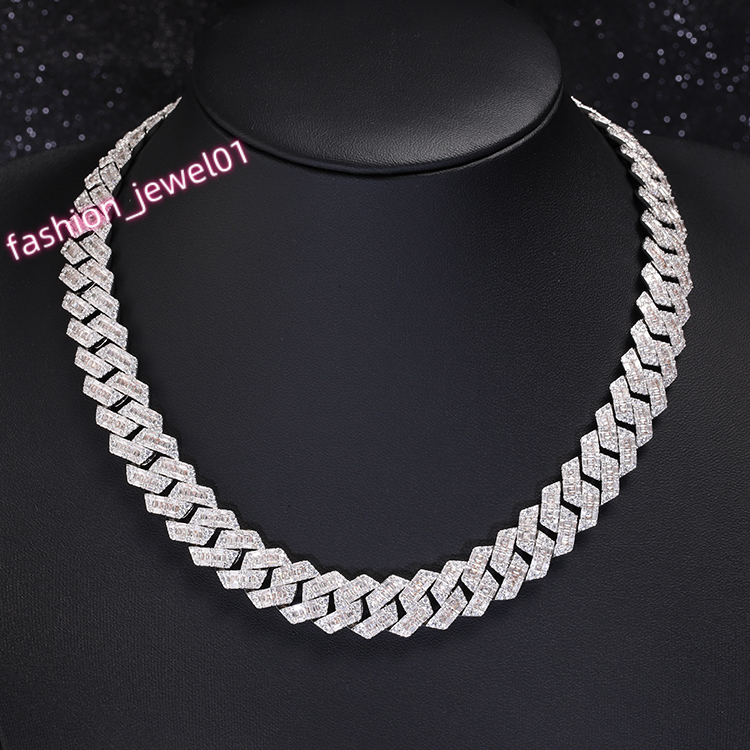 Yu Ying 14mm Baguettes VVS Moissanite Diamond Solid Silver Necklace Cuban Link Chain for Hiphop Jewelry