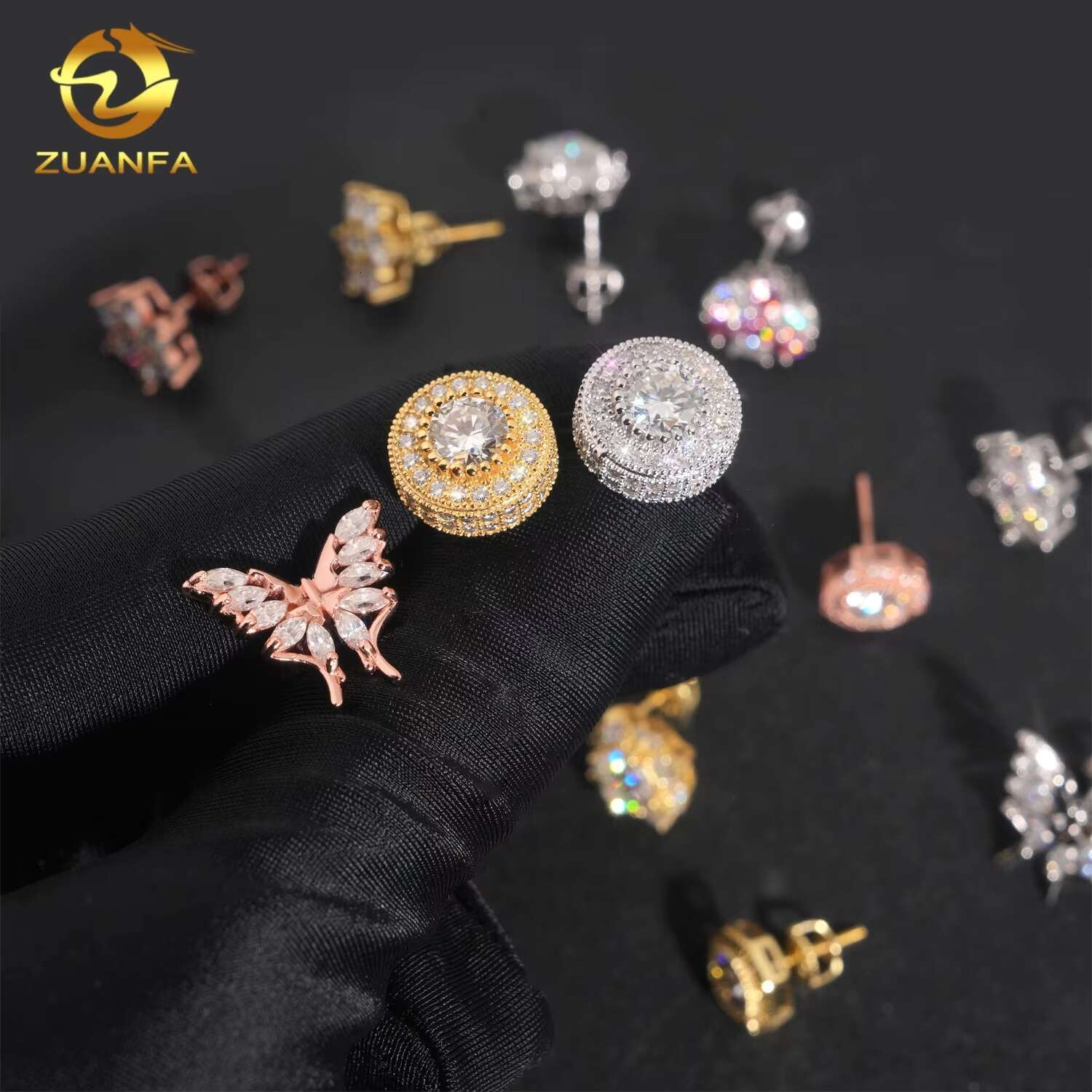 Hip Hop 925 Silver Iced Out Butterfly Flower GRA Certificate Women Mens VVS Moissanite Earrings