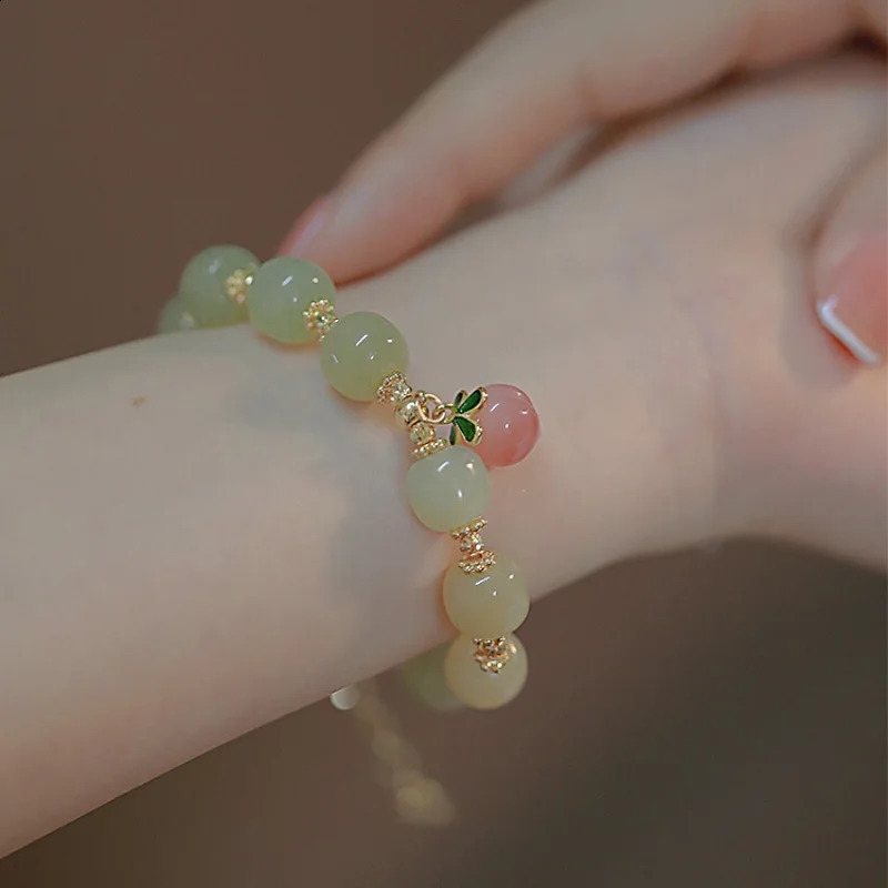 Natural Hetian Jade Bracelet Womens Pink Honey Peach Pendant Bead Bracelet Light Wedding Jewelry 250407