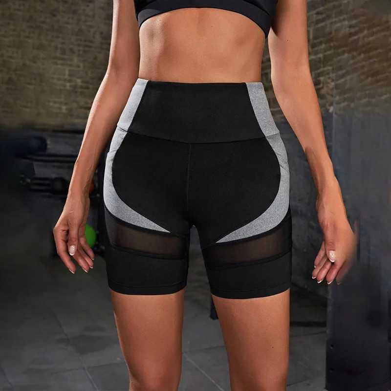 Colorful block high waisted yoga shorts with pockets womens abdominal folding sports shorts Y250412