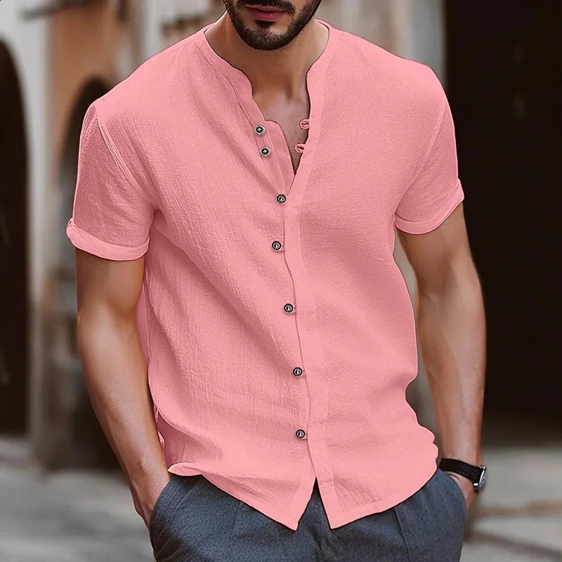 Mens Short Sleeve Tshirt V neck button Cotton Linen Shirt Mens Casual Clothes Tops for Men 250411