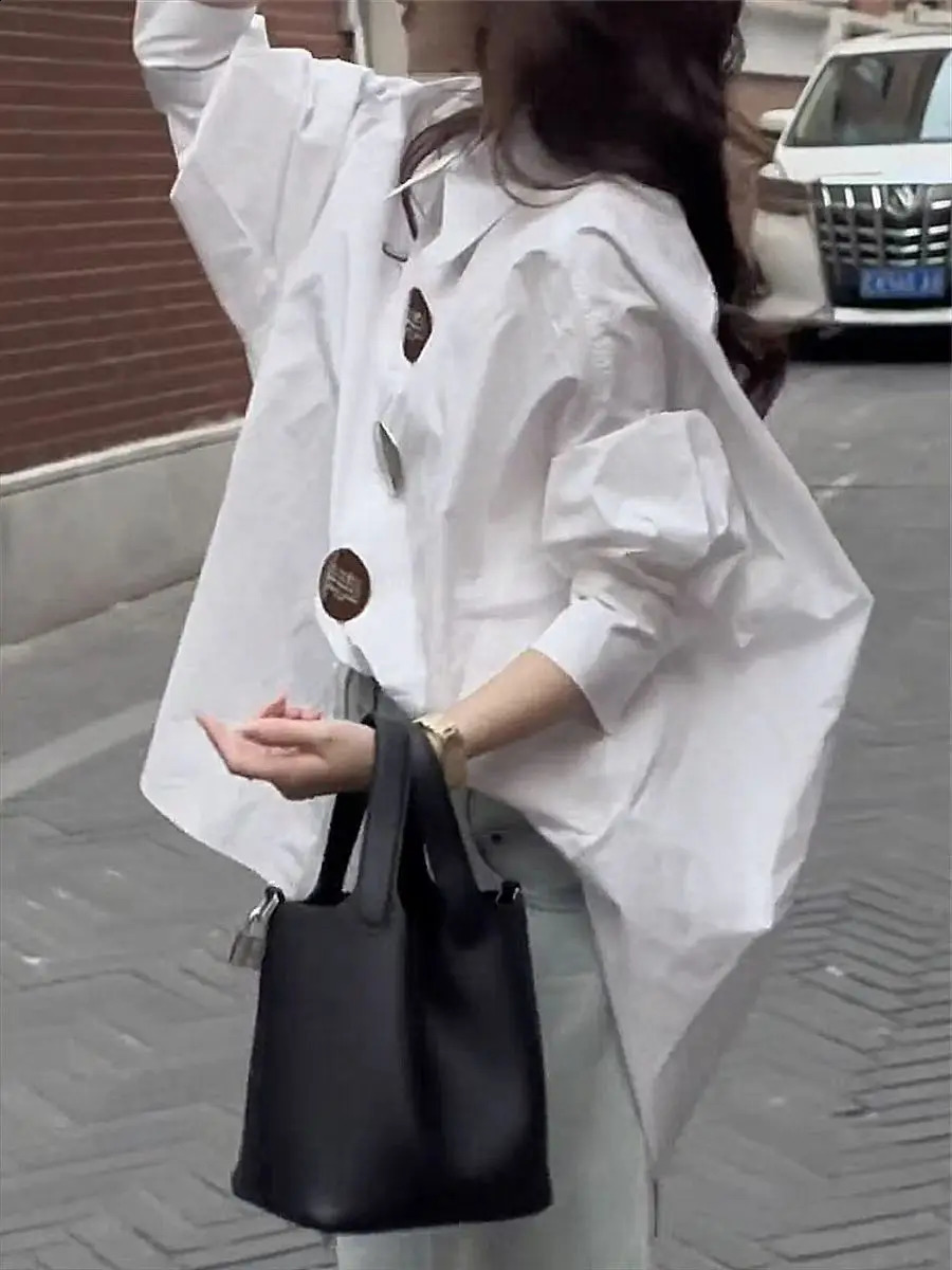 In Autumn Loose Casual Cotton Buttons Up Shirts For Women Lantern Sleeve Top Korean Oversized Shirt Blouse 250411