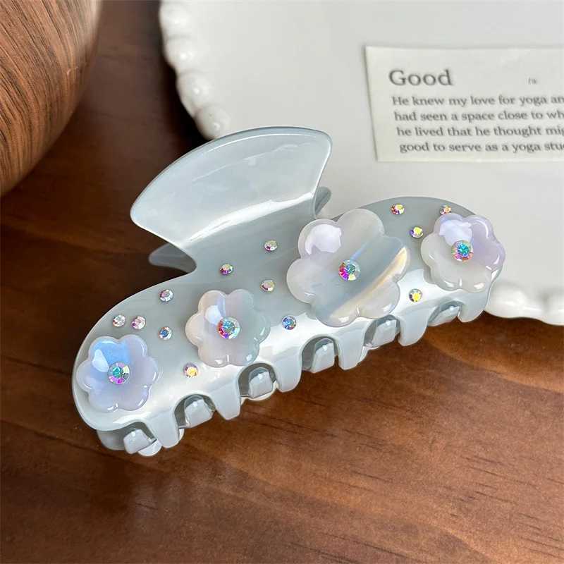 French vintage medium-sized acetate hair clip high-end rhinestone flower crab clip womens hair clip Y2504012