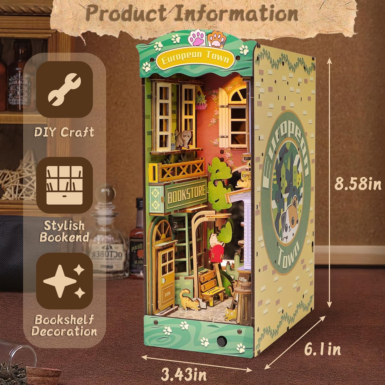 Cat Street Gallery DIY Assembled Bookend, Exquisite Cat-Themed Dollhouse with Light Effect, Creative Bookshelf Decoration & Puzzle Craft-L0314P