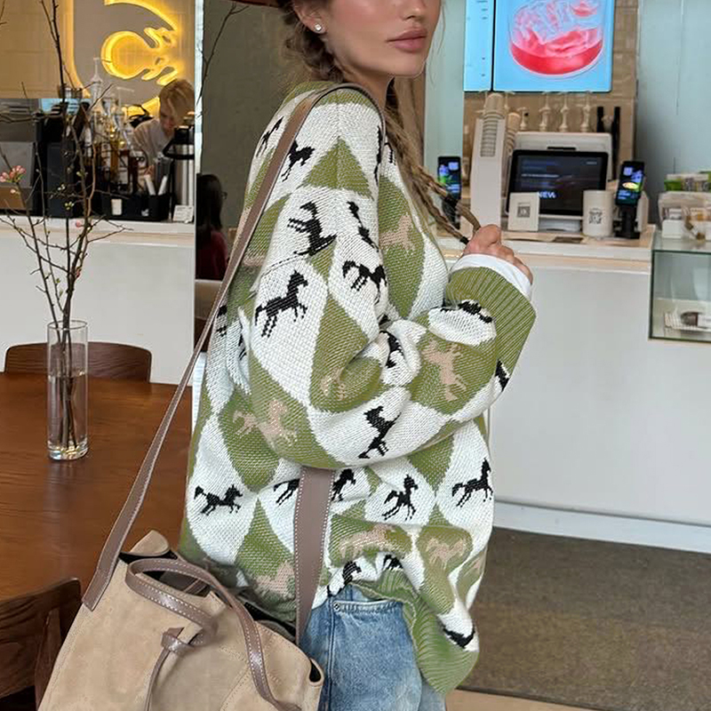 Women's contrast color sweater round neck long sleeve autumn winter casual style pullover sweater street style loose fashion elements all-match h