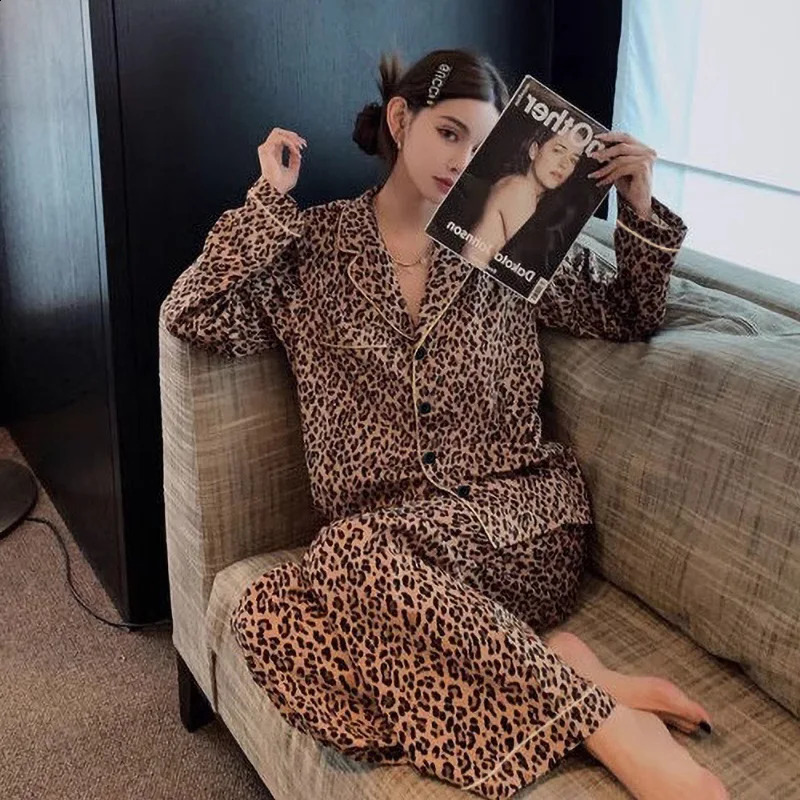 Leopard Sleepwear Women Pajama Sets Korean Piiama Long Sleeve Pants Sets 2 Pieces Spring Night Wears Button Home Suit 250411