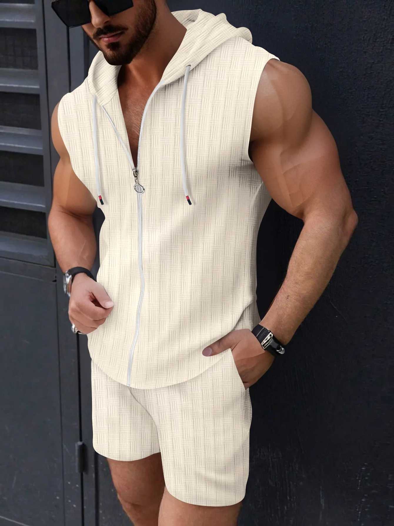 Summer mens new fashionable hooded sleeveless solid color sun protection clothing lace up shorts muscle sports jacquard suitXJ250412