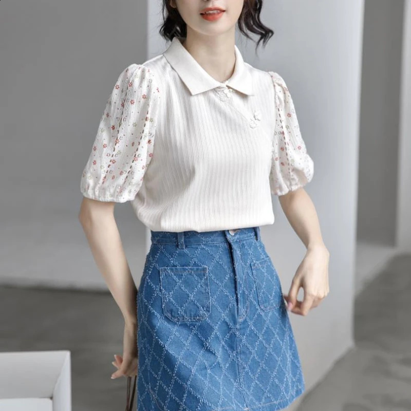 Puff Sleeve Polo Shirt Chinese Top Womens Short-sleeved n Niche Splicing Versatile Shirt 250411
