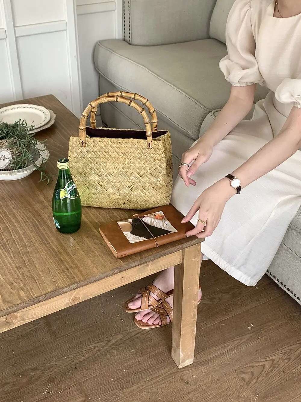 Vintage Handbag Bamboo Knot Wooden Handle Water Grass Woven Women Seaside Vacation Travel Beach Bag Picnic Vegetable Basket