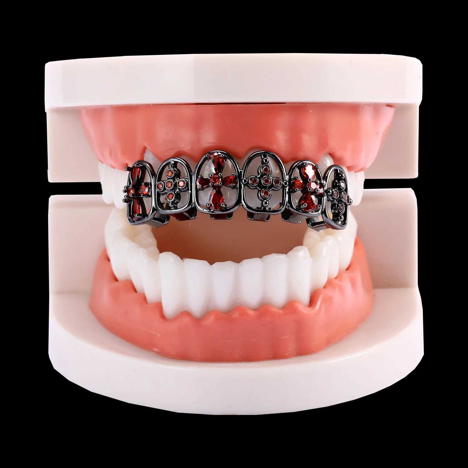 YONGX Gothic Y2K Red Zircon Cross Hollow Tooth Cap Bracket Black Hip Hop CZ Stone Tooth Grid Jewelry Halloween Tooth Grid W250412