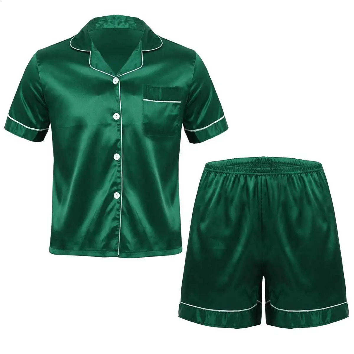 Mens silk satin pajama set casual wear with notch collar short sleeved button up top boxing shorts casual wear 250411