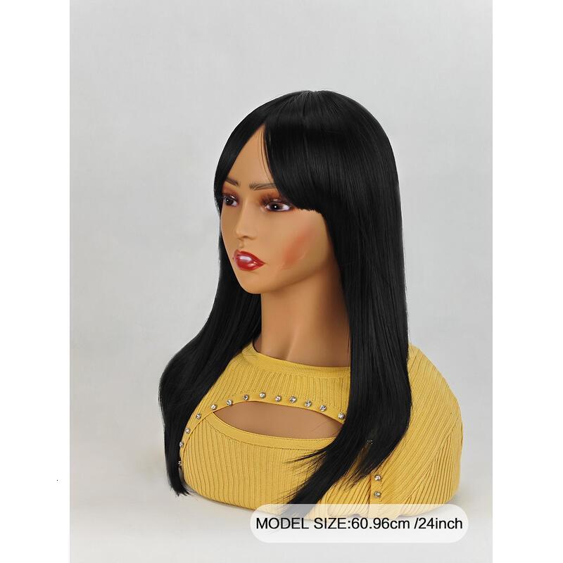 Long Natural Women,Natural Black Wigs with Bangs Layered Shoulder Length Synthetic Wig for Daily Party (24 inch)