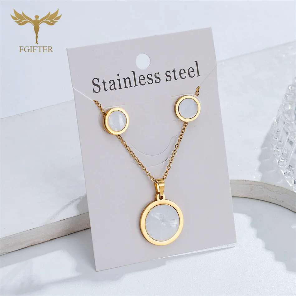 Classic Round Necklace Earrings Set for Women Gold Plated Stainless Steel Pendant Chain Ear Piercing Studs Fashion Jewelry Gifts